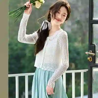 恒源祥 圆领镂空配吊带裙冰丝防晒开衫外套时尚纯色百搭长袖夏季针织衫 女款
