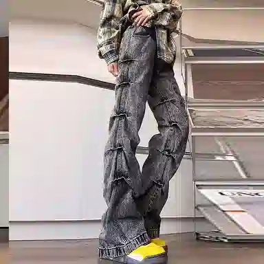 悍戈 美式高街复古风个性独特褶皱垂感百搭休闲裤装牛仔裤 男女同款 黑灰色系