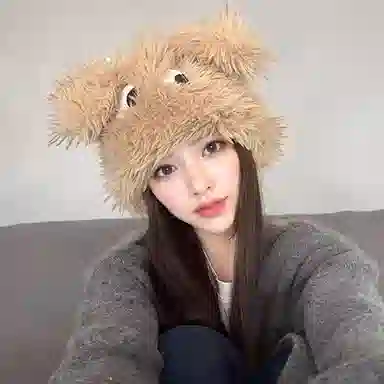 【入秋必备】 零界 可爱呆萌大眼狗超萌加厚毛绒针织帽 秋冬保暖护耳自拍道具大头围显脸小 聚酯纤维 绒线帽 男女同款情侣款