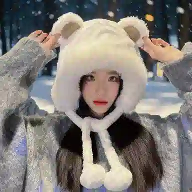 零界 秋冬保暖护耳毛绒小熊帽 绑带 加厚保暖可爱显脸小 软糯少女心 骑车防风 聚酯纤维 绒线帽 女款