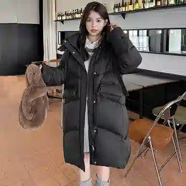 鸭鸭 拉链加厚中长款长袖纯色羽绒服 女款