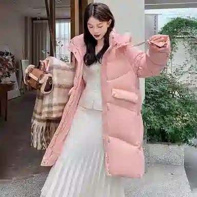 鸭鸭 拉链加厚中长款长袖纯色羽绒服 女款