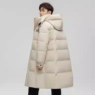 鸭鸭 拼色加厚长款休闲长袖羽绒服 男女同款