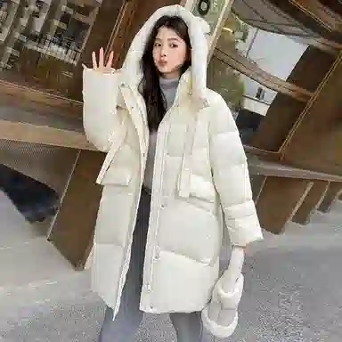 鸭鸭 拉链加厚中长款长袖纯色羽绒服 女款