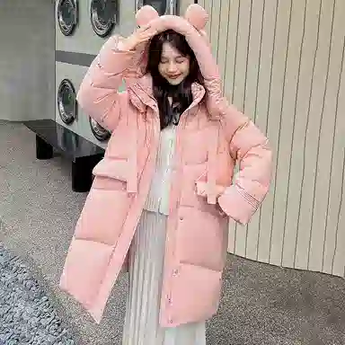 鸭鸭 拉链加厚中长款长袖纯色羽绒服 女款