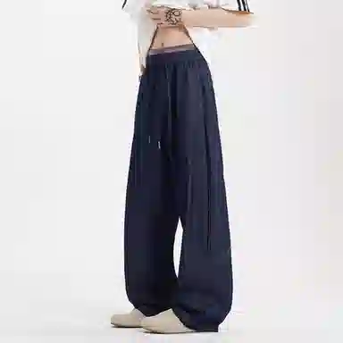 美式高街风格多元素融合水洗复古拼接坠感阔腿弯刀裤通勤百搭宽松大码休闲裤潮流牛仔裤 男女同款 经典牛仔蓝