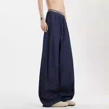 美式高街风格多元素融合水洗复古拼接坠感阔腿弯刀裤通勤百搭宽松大码休闲裤潮流牛仔裤 男女同款 经典牛仔蓝
