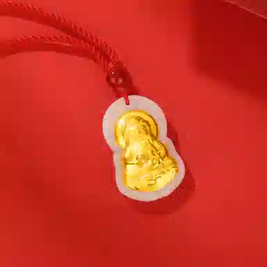 金六福吉祥 【平安喜乐】观音菩萨 新中式复古国潮风简约大气健康平安顺遂守护佛#好运 和田玉项链 白玉/青白玉 男女同款情侣款