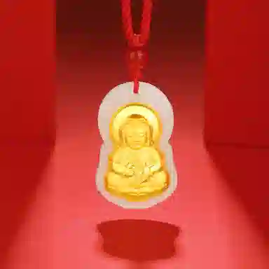 金六福吉祥 【平安喜乐】观音菩萨 新中式复古国潮风简约大气健康平安顺遂守护佛#好运 和田玉项链 白玉/青白玉 男女同款情侣款