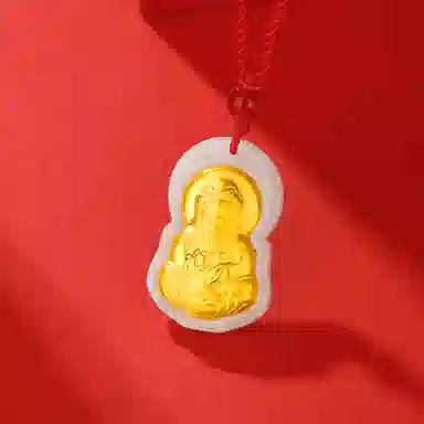 金六福吉祥 【平安喜乐】观音菩萨 新中式复古国潮风简约大气健康平安顺遂守护佛#好运 和田玉项链 白玉/青白玉 男女同款情侣款