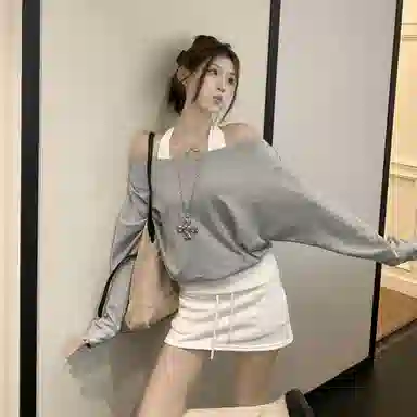 涂诗菲 韩版潮流时尚简约纯色舒适设计显瘦百搭慵懒风松弛感假两件长袖针织衫 女款
