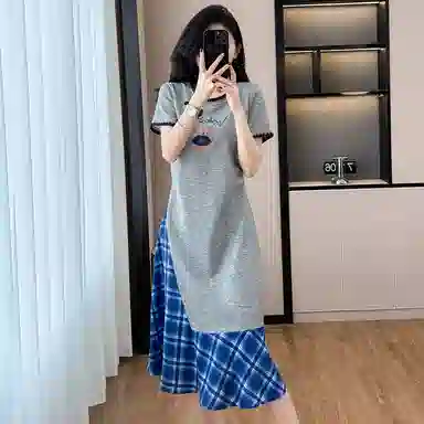 费尔岛上的猫 韩版法式融合时尚拼接中长款大码服饰短袖连衣裙 女款