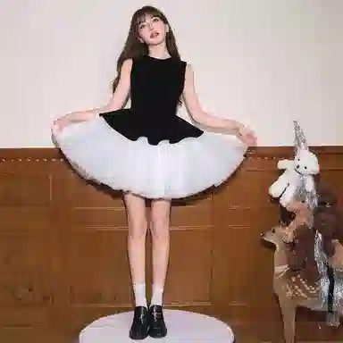 涂诗菲 拼接网纱蓬蓬圆领无袖连衣裙 女款 黑色