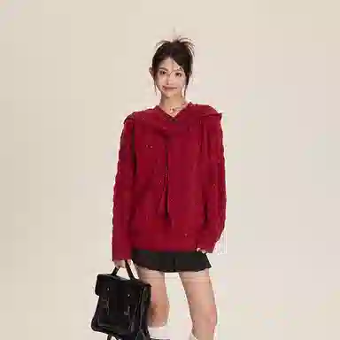 涂诗菲 宽松连帽套头彩点针织衫 女款