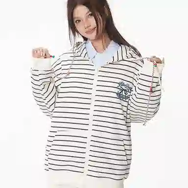 涂诗菲 韩版慵懒风设计感时尚百搭通勤气质舒适休闲条纹长袖外套卫衣 男女同款