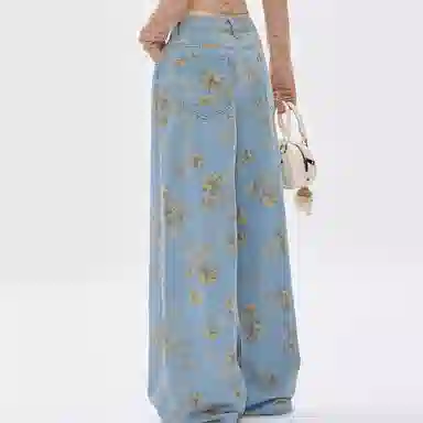涂诗菲 美式浪漫花朵印花直筒拖地长裤女高腰慵懒宽松显瘦牛仔裤 女款 蓝色