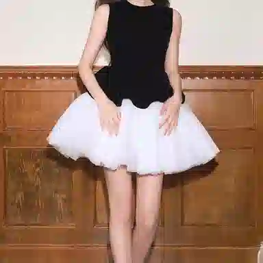 涂诗菲 拼接网纱蓬蓬圆领无袖连衣裙 女款 黑色