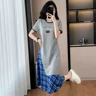 费尔岛上的猫 韩版法式融合时尚拼接中长款大码服饰短袖连衣裙 女款