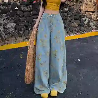涂诗菲 美式浪漫花朵印花直筒拖地长裤女高腰慵懒宽松显瘦牛仔裤 女款 蓝色