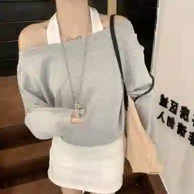 涂诗菲 韩版潮流时尚简约纯色舒适设计显瘦百搭慵懒风松弛感假两件长袖针织衫 女款