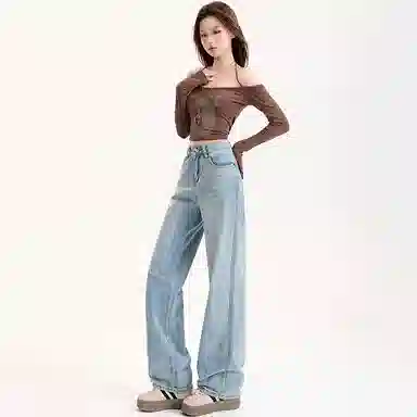 涂诗菲 阔腿高腰显瘦垂感舒适休闲牛仔裤 女款 浅蓝