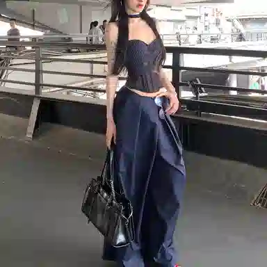 涂诗菲 法式辣妹气质蕾丝背心条纹拼接鱼骨无袖抹胸高腰显瘦长裤阔腿裤休闲套装 女款