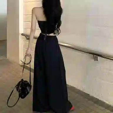涂诗菲 法式辣妹气质蕾丝背心条纹拼接鱼骨无袖抹胸高腰显瘦长裤阔腿裤休闲套装 女款