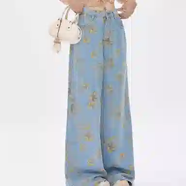 涂诗菲 美式浪漫花朵印花直筒拖地长裤女高腰慵懒宽松显瘦牛仔裤 女款 蓝色