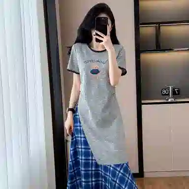费尔岛上的猫 韩版法式融合时尚拼接中长款大码服饰短袖连衣裙 女款