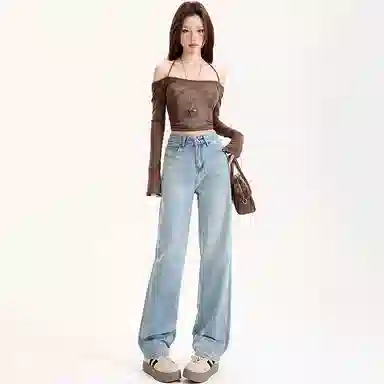 涂诗菲 阔腿高腰显瘦垂感舒适休闲牛仔裤 女款 浅蓝