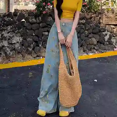 涂诗菲 美式浪漫花朵印花直筒拖地长裤女高腰慵懒宽松显瘦牛仔裤 女款 蓝色