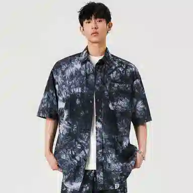 吾皇猫 美式复古高街扎染渐变时尚贴布设计潮流潮牌百搭舒适透气翻领痞帅短袖衬衣夏威夷高级感工装衬衫 男女同款