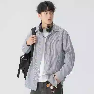 王者荣耀 经典翻领条纹长袖小众休闲简约设计字母印花美式街头复古潮流时尚通勤日常百搭宽松舒适慵懒氛围感无性别主义学院风衬衫 男女同款