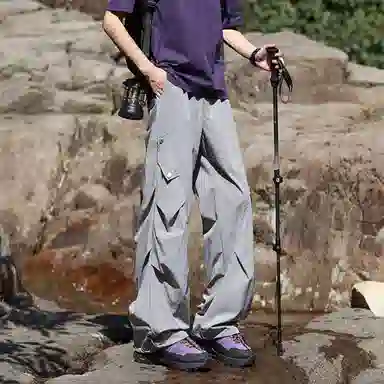 王者荣耀 美式薄款户外工装伞兵裤冰丝褶皱垂感宽松大码机能防皱风凉感速干透气旅行爬山超轻防泼水加肥加大休闲裤 男女同款