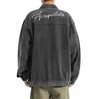 王者荣耀 明世隐款 美式街头复古做旧舒适宽松纯色背后手写印花潮流百搭翻领长袖牛仔外套 男女同款