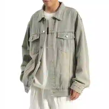 王者荣耀 明世隐款 美式街头复古做旧舒适宽松纯色背后手写印花潮流百搭翻领长袖牛仔外套 男女同款