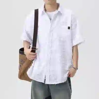 王者荣耀 美式复古格子流苏宽松舒适时尚百搭校园风少年感无性别休闲翻领纽扣短袖衬衫 男女同款