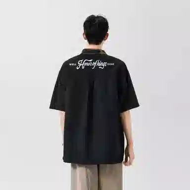 王者荣耀 标语款 美式高街拼接撞色翻领宽松舒适痞帅时尚青少年无性别休闲百搭短袖衬衫 男女同款