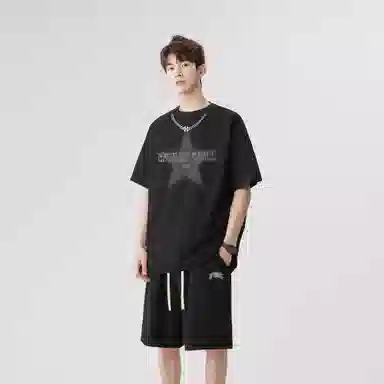 王者荣耀 标语款 美式高街拼接项链设计圆领短袖五分短裤两件套宽松舒适痞帅青春高颜值无性别潮流百搭时尚休闲运动套装 男女同款