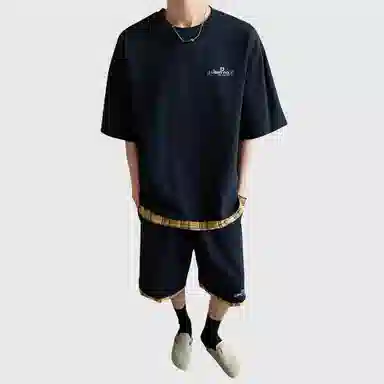 王者荣耀 鲁班七号星空梦想款美式复古下摆拼接基础款设计宽松短袖短裤两件套氛围感百搭简约休闲运动套装 男女同款