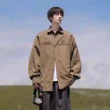 王者荣耀 李白款 美式复古创意字母纯色潮流时尚宽松舒适翻领休闲长袖衬衫 男女同款