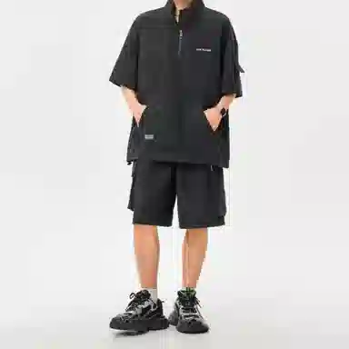 王者荣耀 标语款 美式复古扎染万针刺绣半拉链短袖上衣宽松舒适高街设计感高级感工装五分短裤休闲运动套装 男女同款