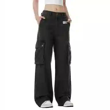 王者荣耀 鲁班七号款 美式街头舒适宽松水洗做旧大口袋设计装饰微喇拖地长裤牛仔裤 男女同款