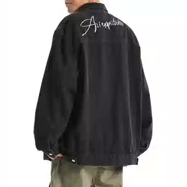 王者荣耀 明世隐款 美式街头复古做旧舒适宽松纯色背后手写印花潮流百搭翻领长袖牛仔外套 男女同款