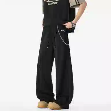 王者荣耀 美式复古纯色条杠直筒阔腿长裤宽松舒适青少年学生党休闲百搭时尚针织运动裤 标语款 男女同款