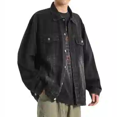 王者荣耀 明世隐款 美式街头复古做旧舒适宽松纯色背后手写印花潮流百搭翻领长袖牛仔外套 男女同款