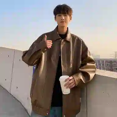 王者荣耀 美式基础款拼接翻领外套复古机车拉链宽松休闲百搭时尚皮衣 男女同款