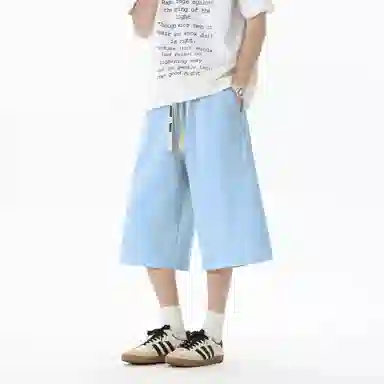 王者荣耀 美式复古纯色七分裤简约百搭宽松舒适透气亲肤凉感居家户外运动青少年潮流休闲短裤 男女同款