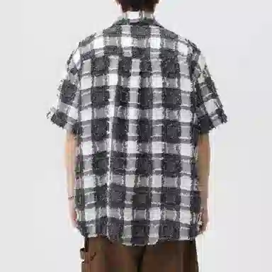 王者荣耀 美式复古格子流苏宽松舒适时尚百搭校园风少年感无性别休闲翻领纽扣短袖衬衫 男女同款