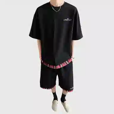 王者荣耀 鲁班七号星空梦想款美式复古下摆拼接基础款设计宽松短袖短裤两件套氛围感百搭简约休闲运动套装 男女同款